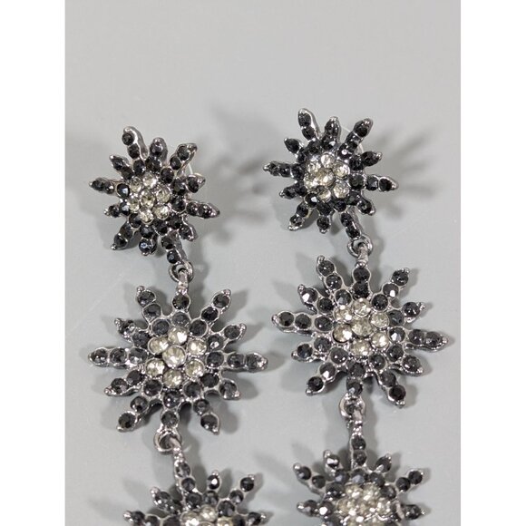 Gothic Black Rhinestone Starburst Flower Long Dangle Earrings Evening - Picture 3 of 6